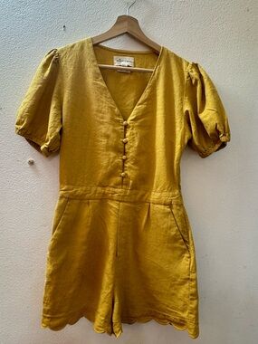 Women's Mustard Short Sleeve Linen Romper